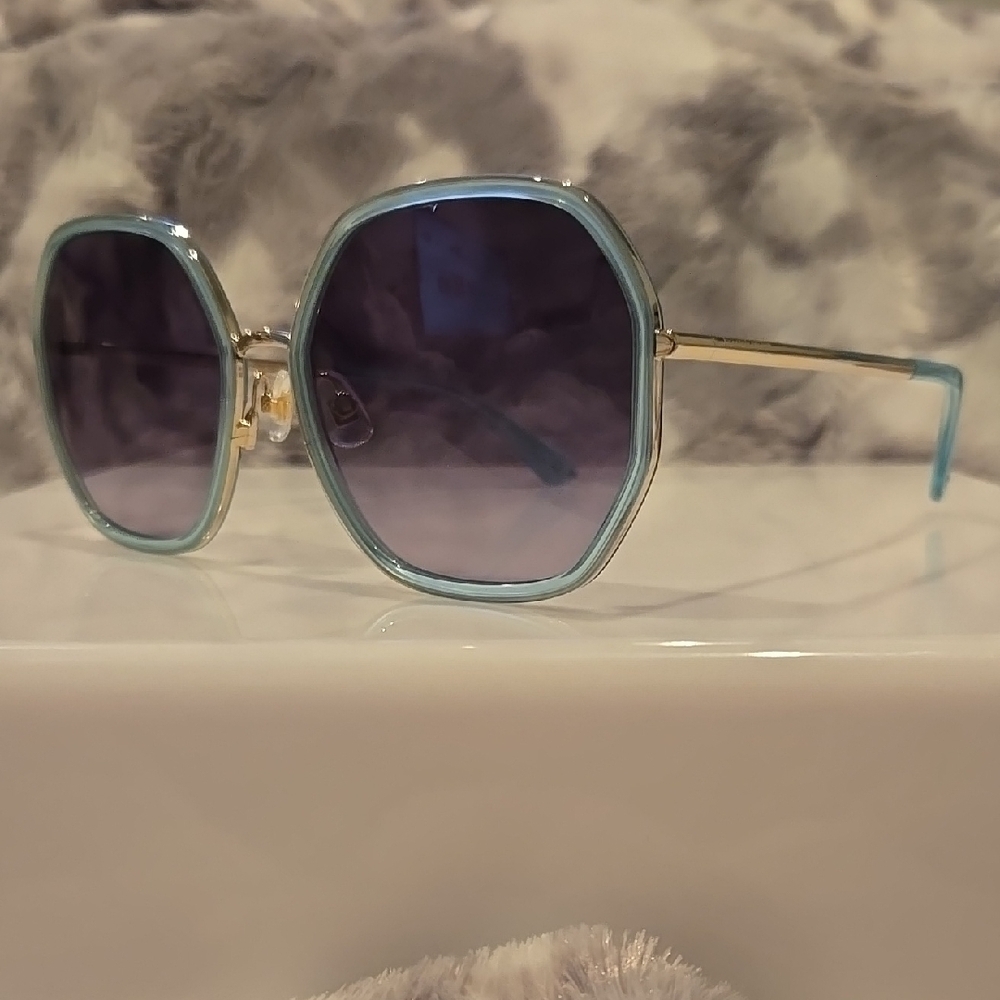 Kate Spade Nicola Gold Teal Hexagonal Sunglasses Brand New In Case - Picture 2 of 13